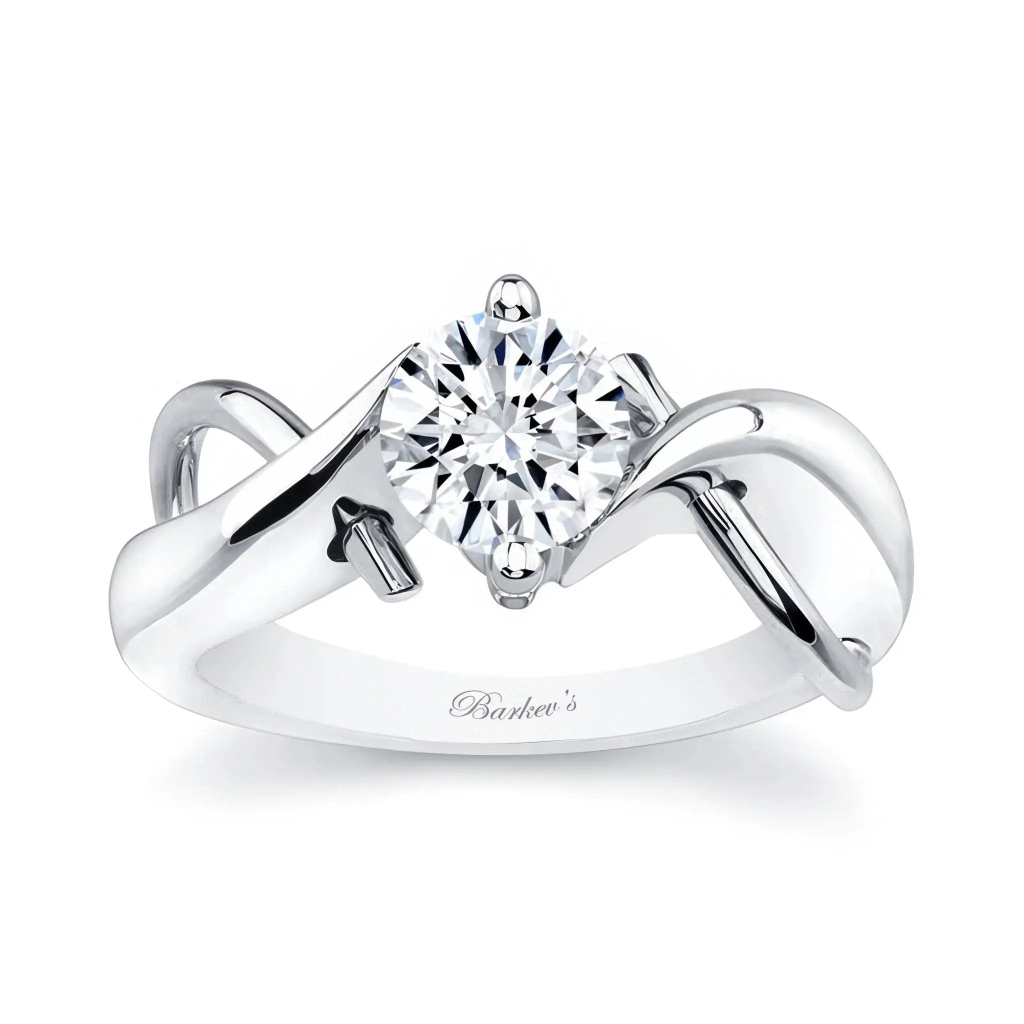 Double wire trim lab diamond solitaire ring with round center and unique curving shank, elegant jewelry design.