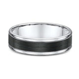 Men's modern wedding band in white gold with carbon fiber trim, elegant and unique design.