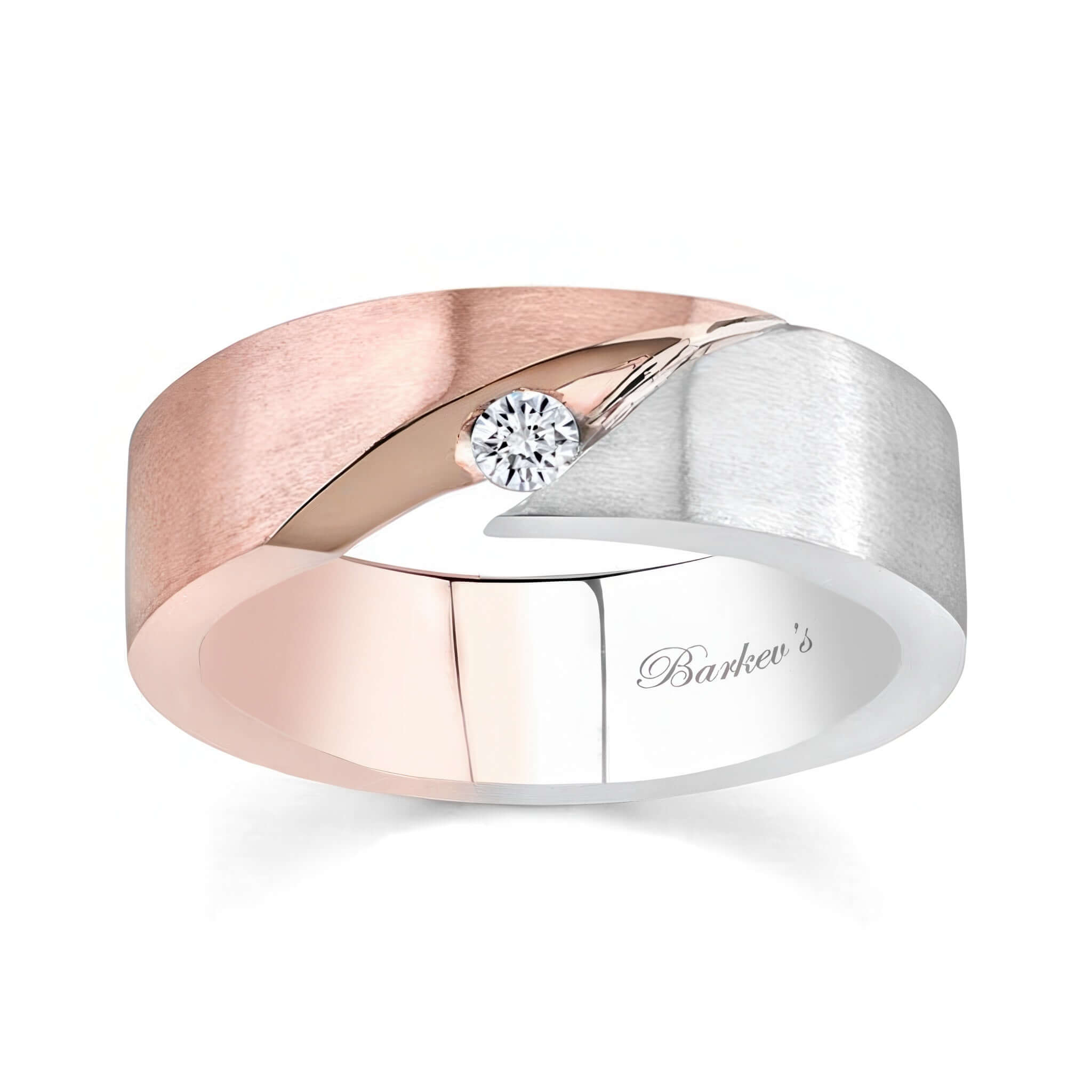 Men's unique diamond wedding band with channel set round diamond and mixed metal design.