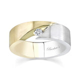 Men's unique diamond wedding band with channel set diamond and contrasting gold and silver finishes.