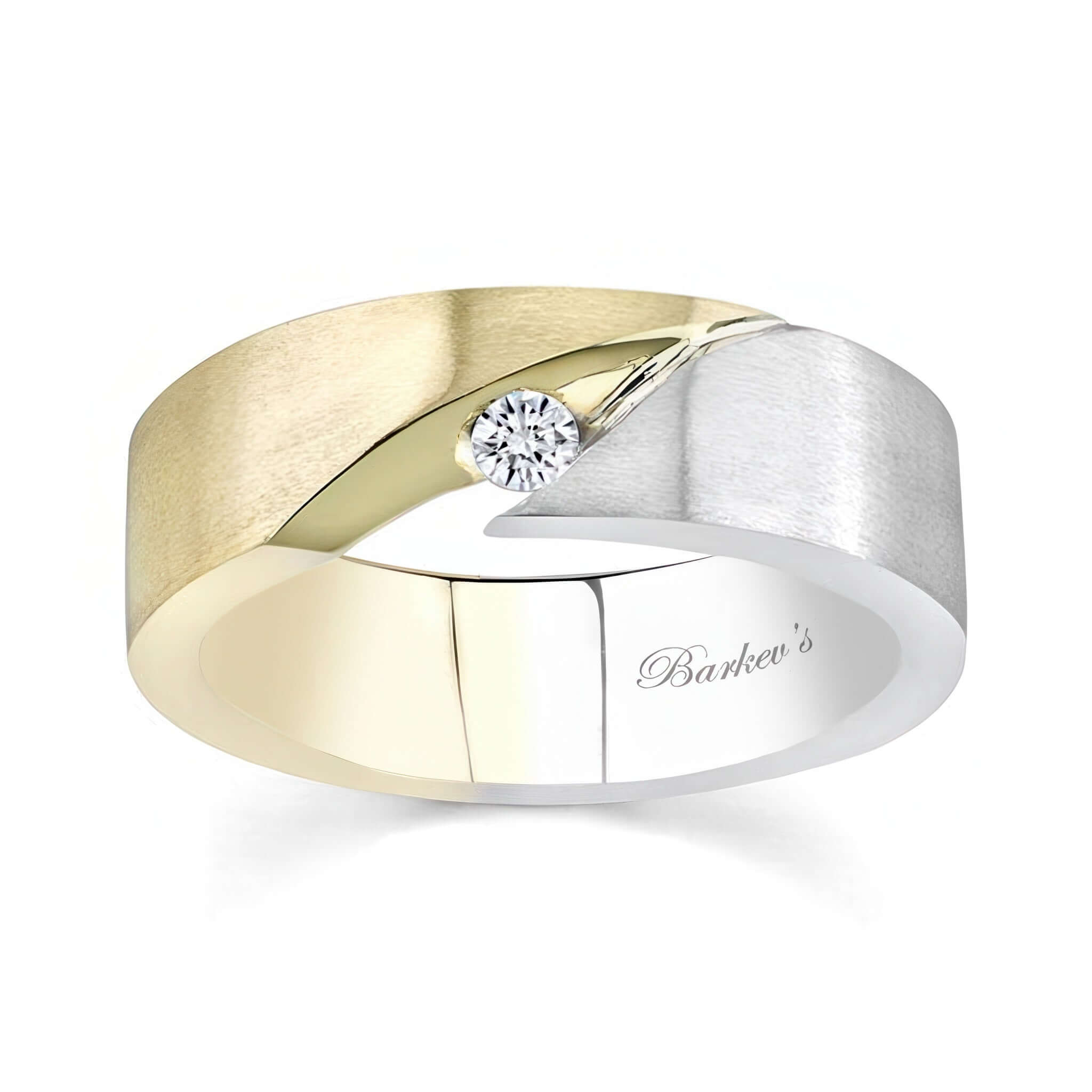 Men's unique diamond wedding band with channel set diamond and contrasting gold and silver finishes.
