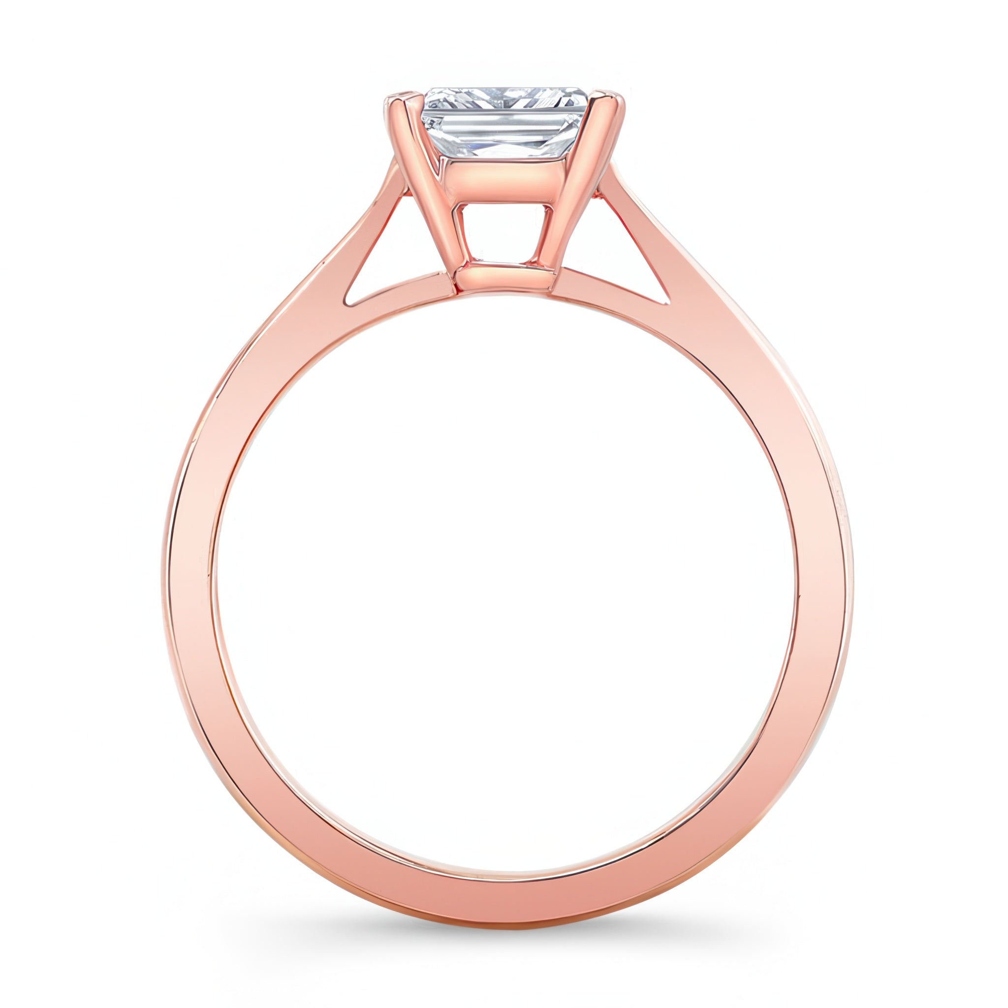 Princess cut lab grown diamond solitaire ring with rose gold prongs, showcasing a timeless and elegant design.