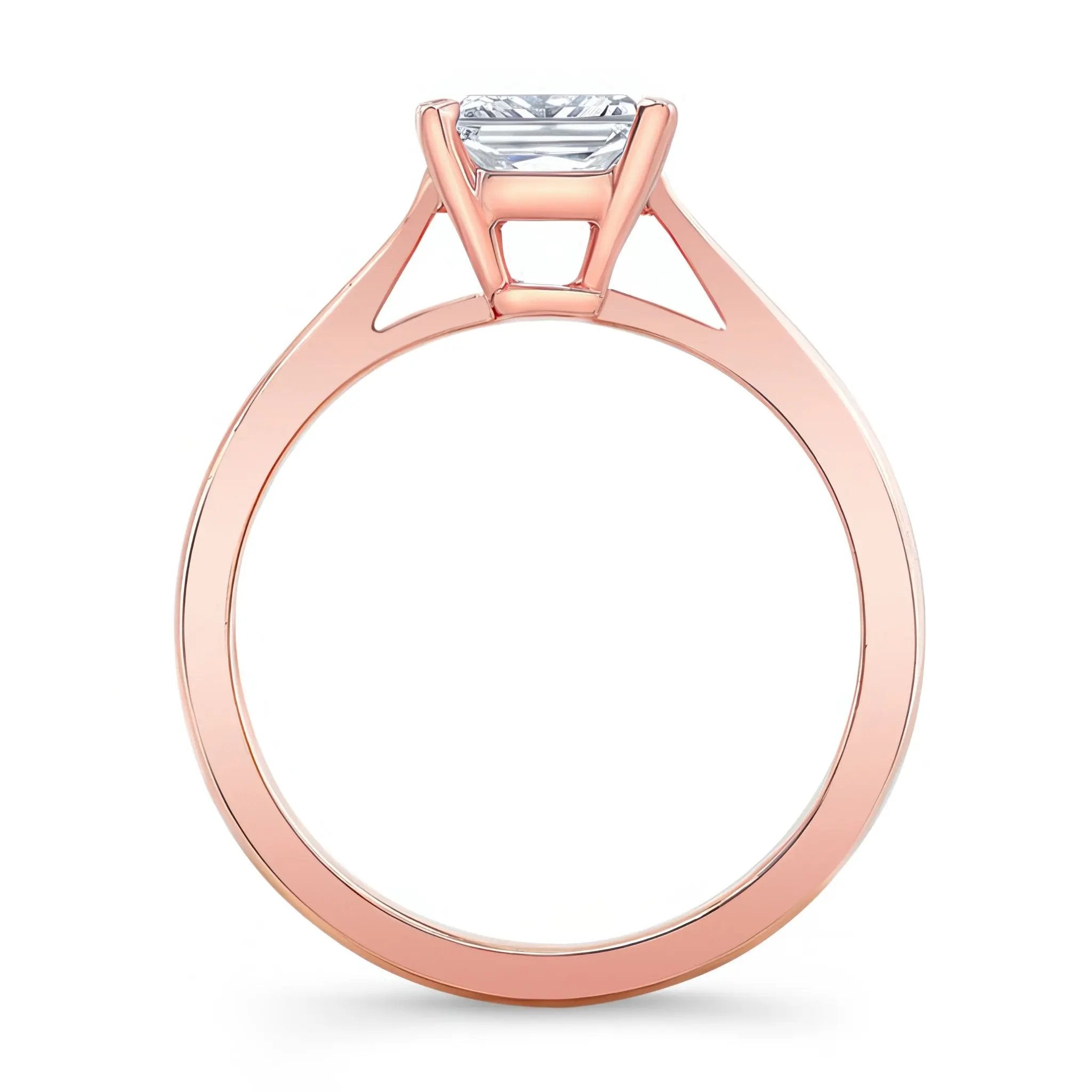 Princess cut lab grown diamond solitaire ring with rose gold prongs, showcasing a timeless and elegant design.