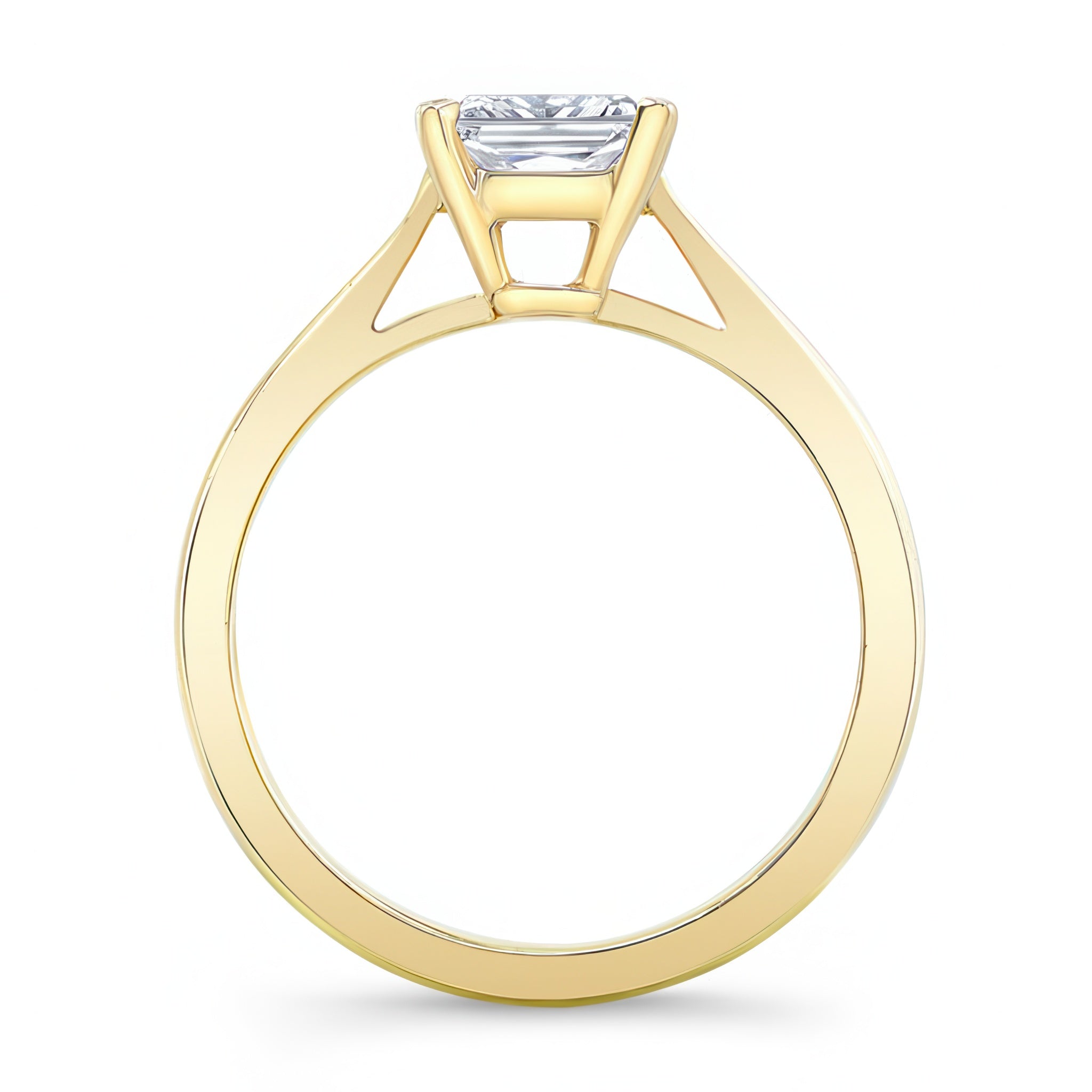 Princess cut lab grown diamond solitaire ring with yellow gold band and prong setting, elegant design.
