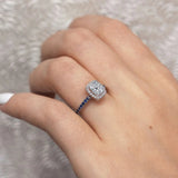 1 Carat Cushion Diamond Halo Engagement Ring With Blue Sapphires
