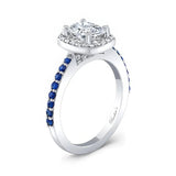 1 Carat Cushion Diamond Halo Engagement Ring With Blue Sapphires