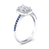 1 Carat Emerald Cut Lab Diamond Halo Engagement Ring With Blue Sapphires