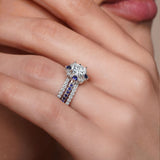Halo Cushion Cut Moissanite Wedding Ring Set With 2 Bands And Blue Sapphires