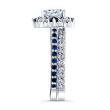 Halo Cushion Cut Moissanite Wedding Ring Set With Blue Sapphires