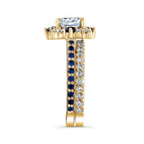 Halo Cushion Cut Moissanite Wedding Ring Set With Blue Sapphires