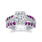 1 Carat Diamond Halo Ring Set With 2 Pink Sapphire Bands