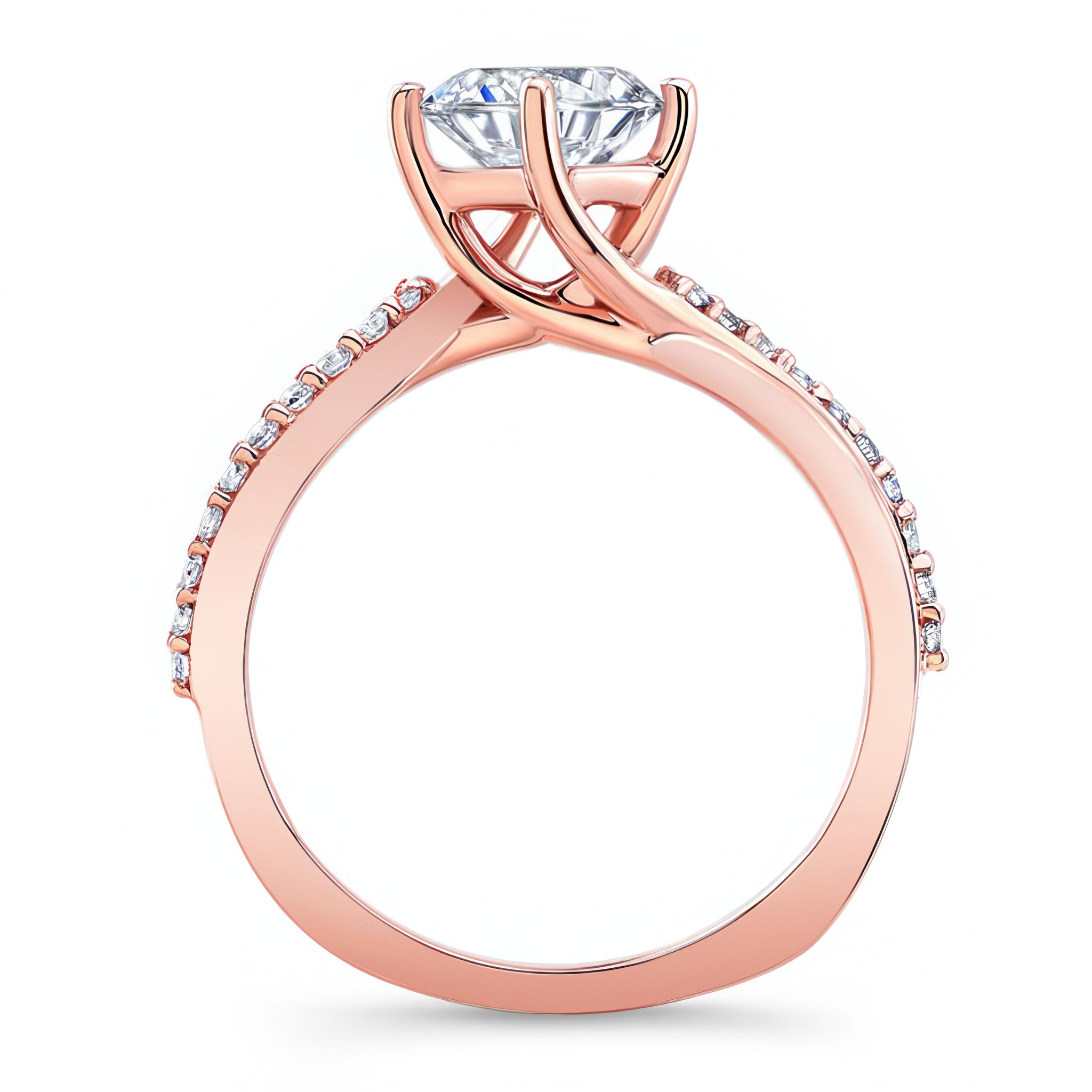 Twisted engagement ring with round center stone and accent diamonds on a rose gold band.