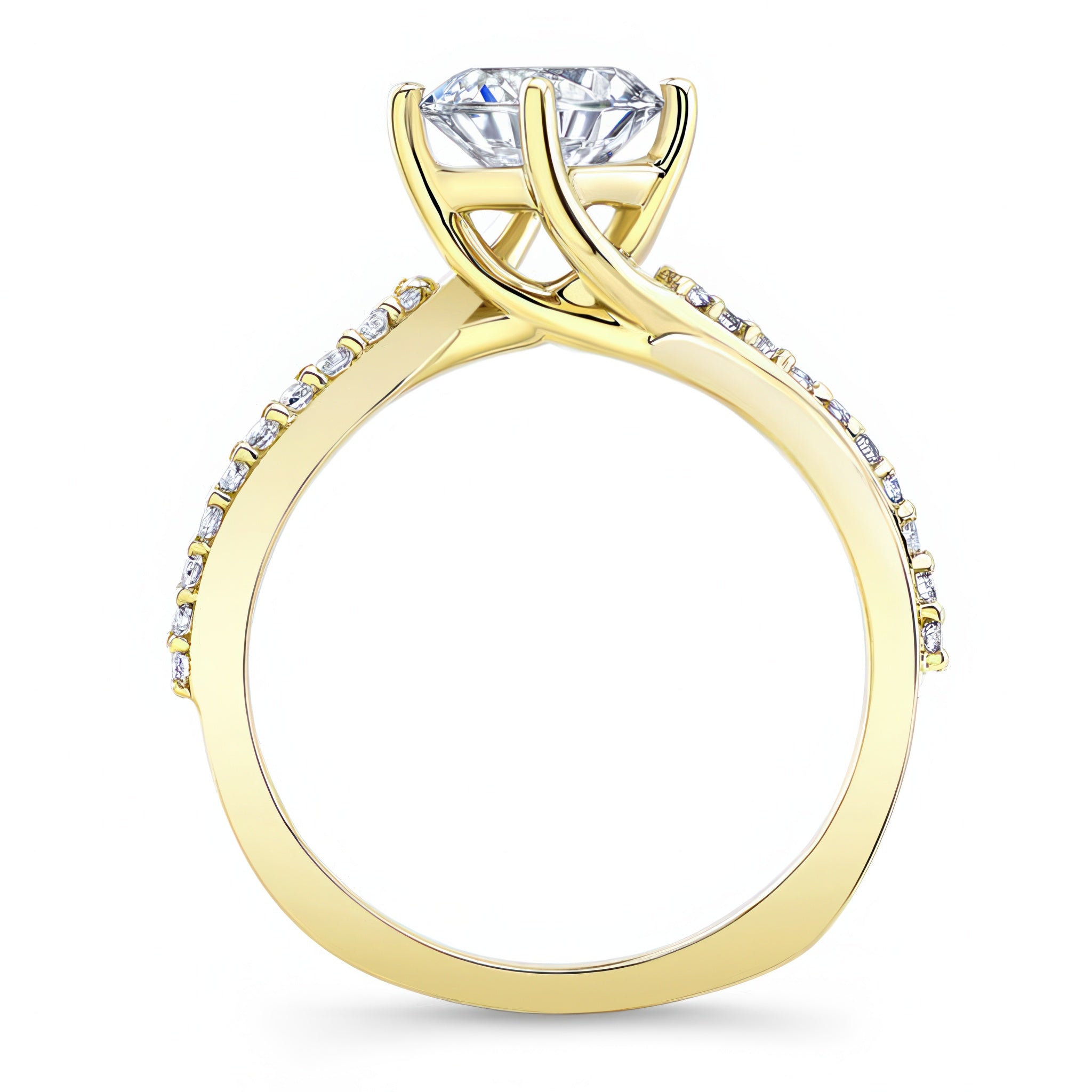 Elegant twisted engagement ring with a round diamond center and shimmering accent stones in yellow gold.