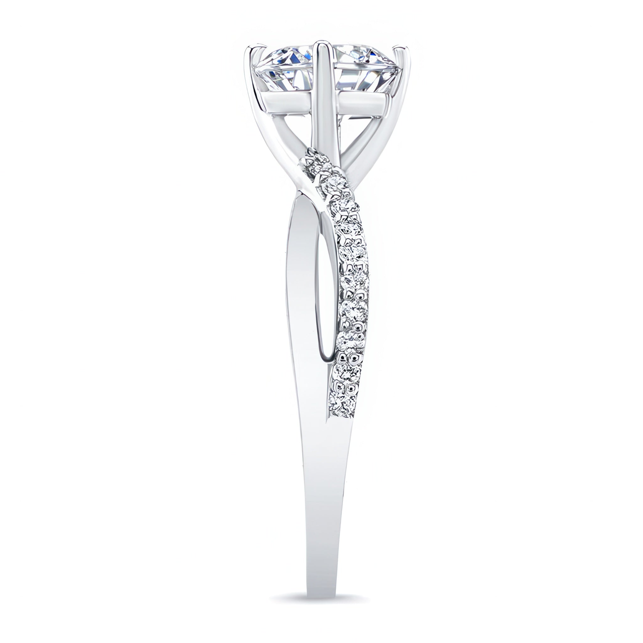 Twisted Engagement Ring featuring a round center stone and a beautifully sculpted band with accent stones.