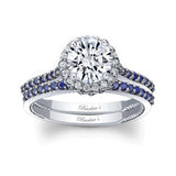 Round Halo Blue Sapphire Accent Wedding Set