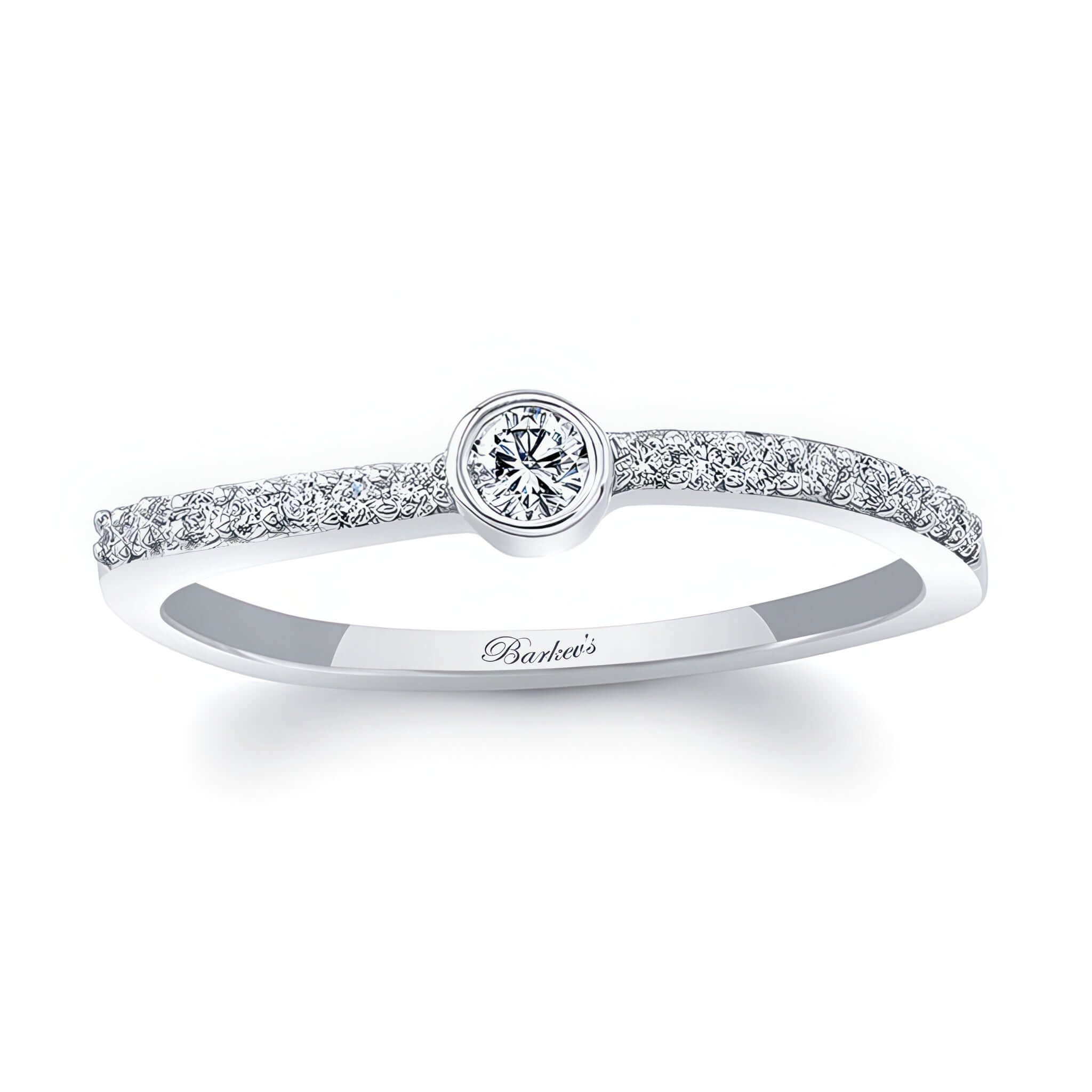 Ava Curved Diamond Promise Ring featuring a bezel set round diamond and sparkling side stones on a sleek band.