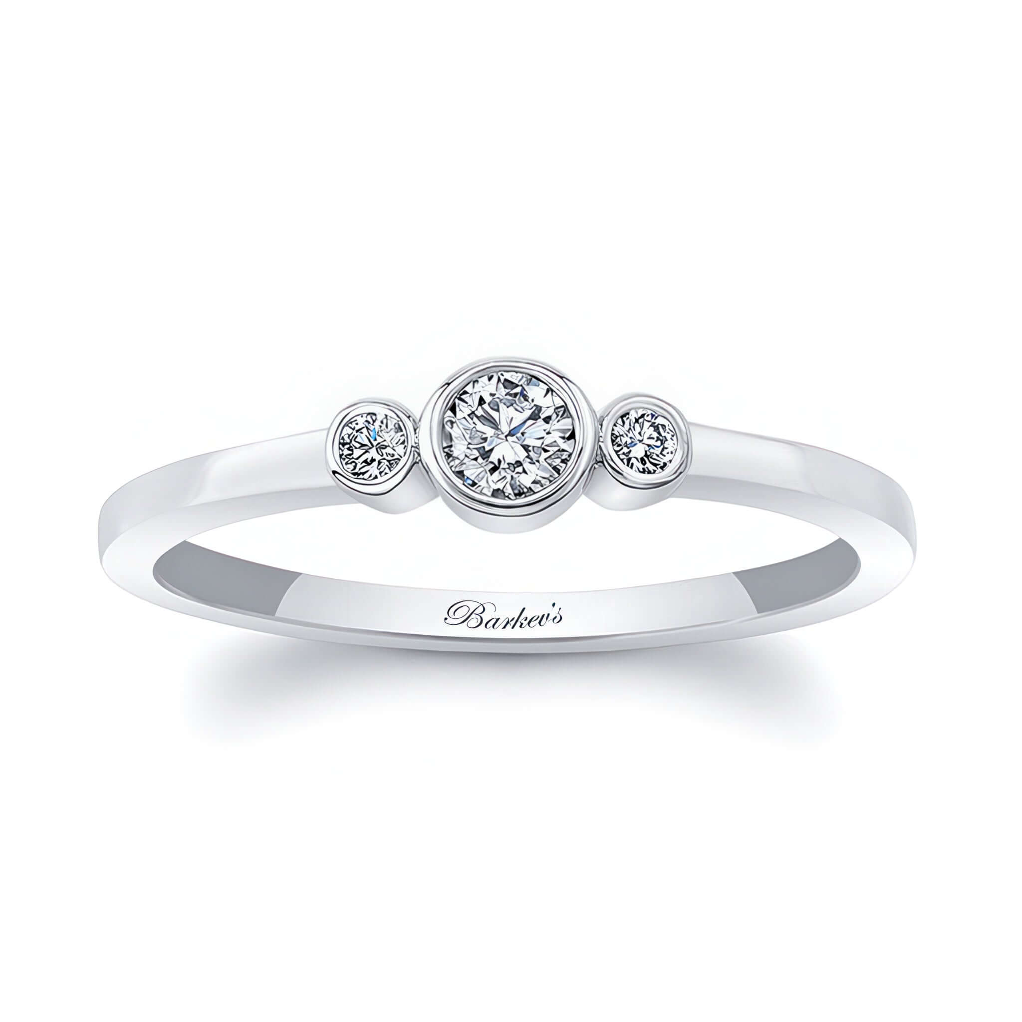Sophia Three Stone Promise Ring in white gold with bezel set diamonds, symbolizing love and commitment.