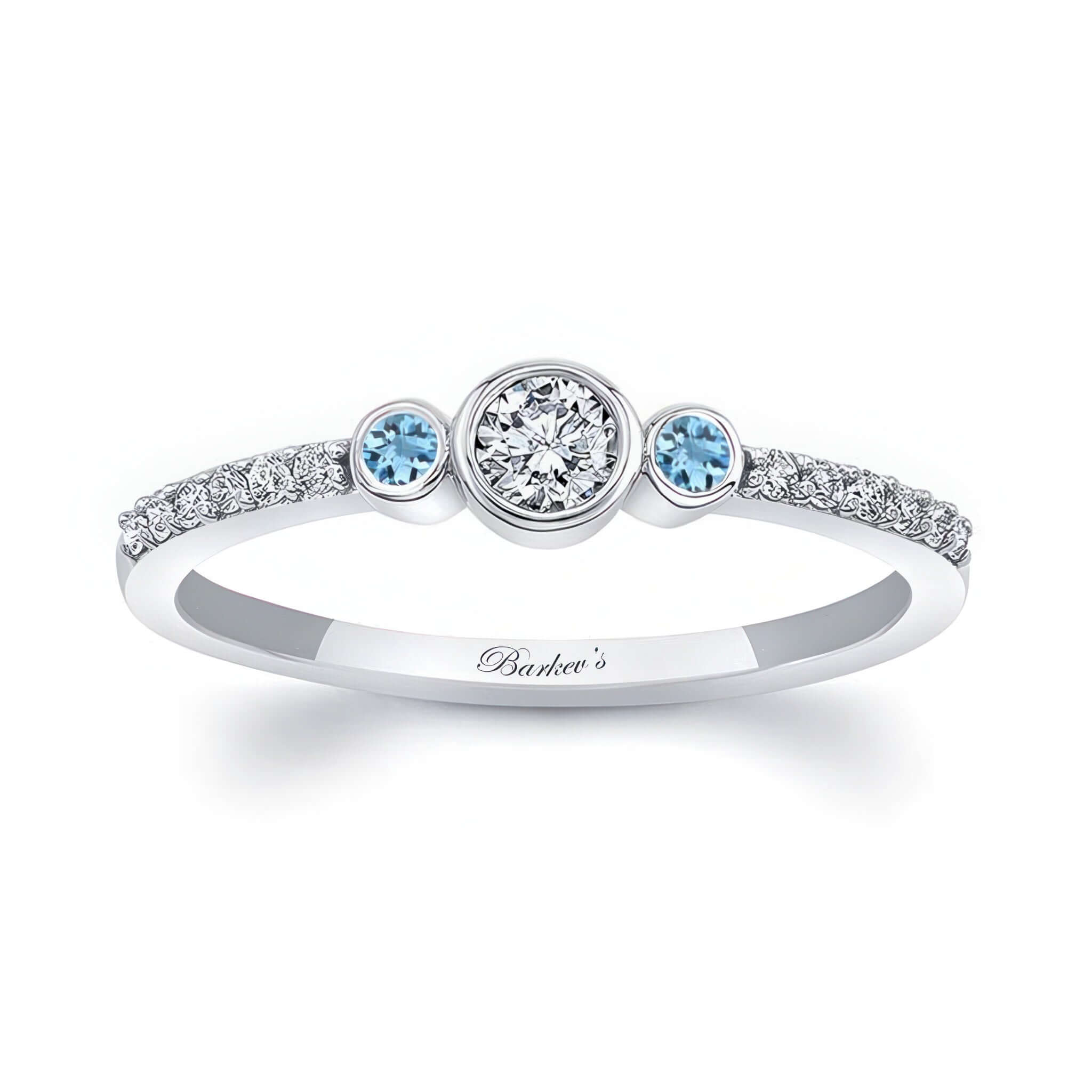 Mia Three Stone Aquamarine Accent Diamond Promise Ring featuring a center diamond and side aquamarine gemstones.