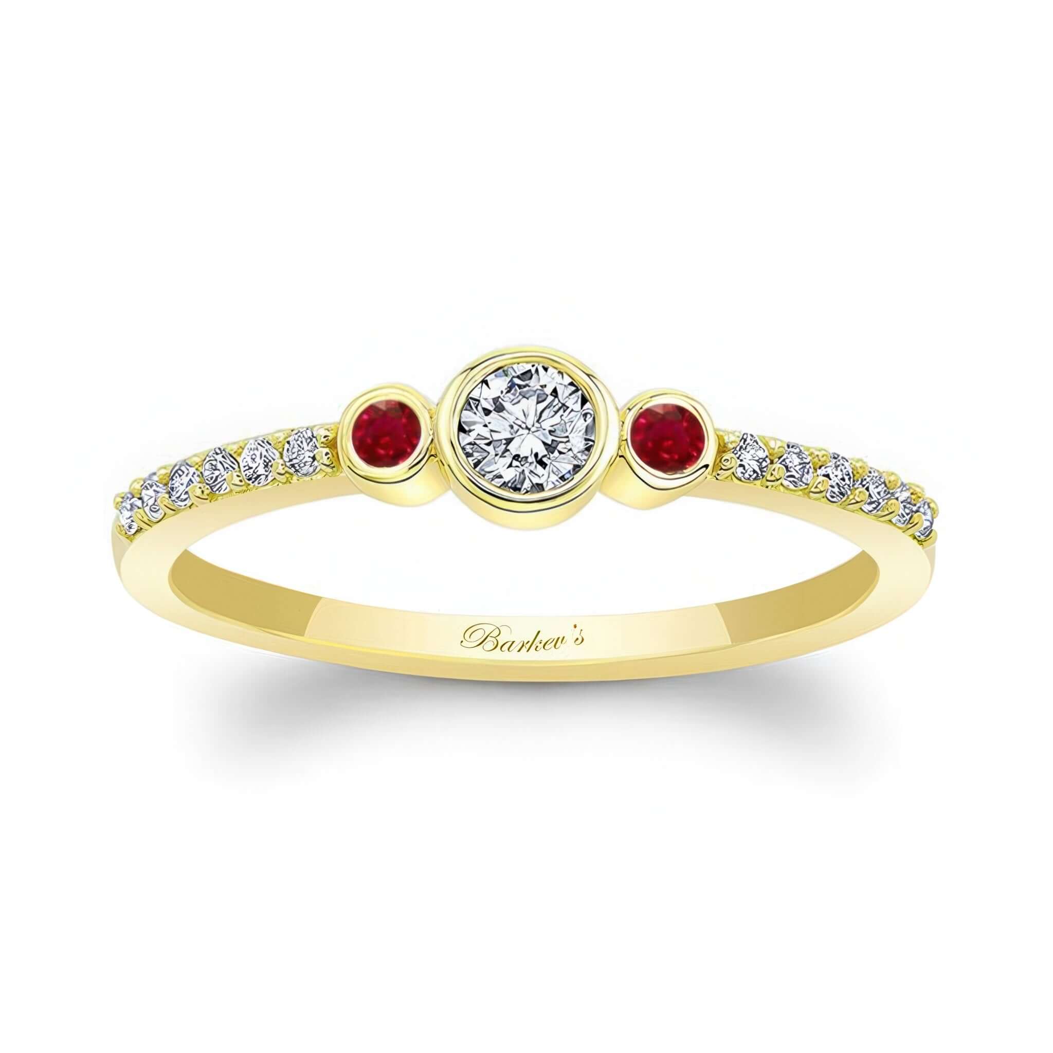 Three stone ruby accent diamond promise ring with a diamond center and radiant ruby sides, set in yellow gold.