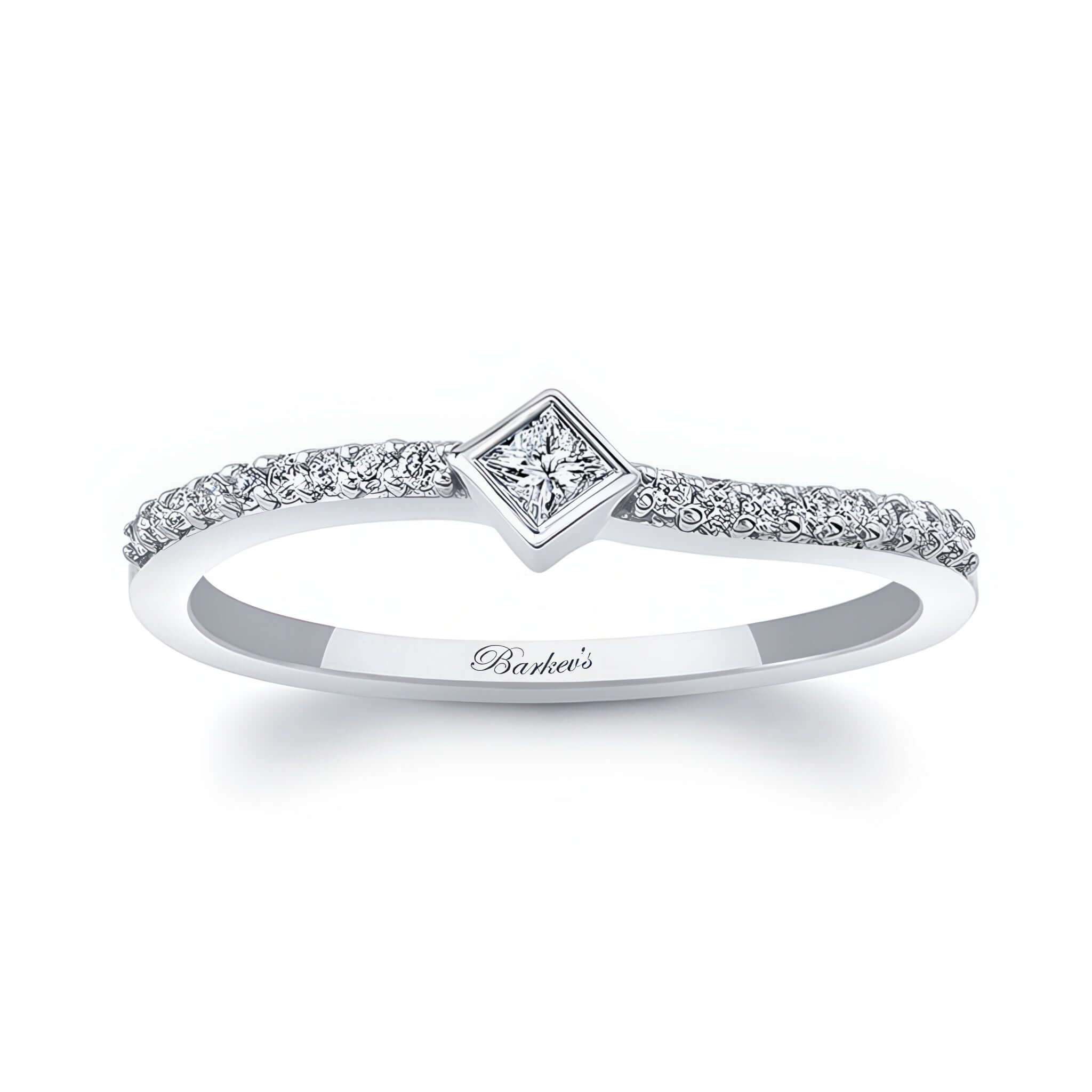 Abi Curved Princess Cut Diamond Promise Ring with bezel set diamond and shared prong set side diamonds.