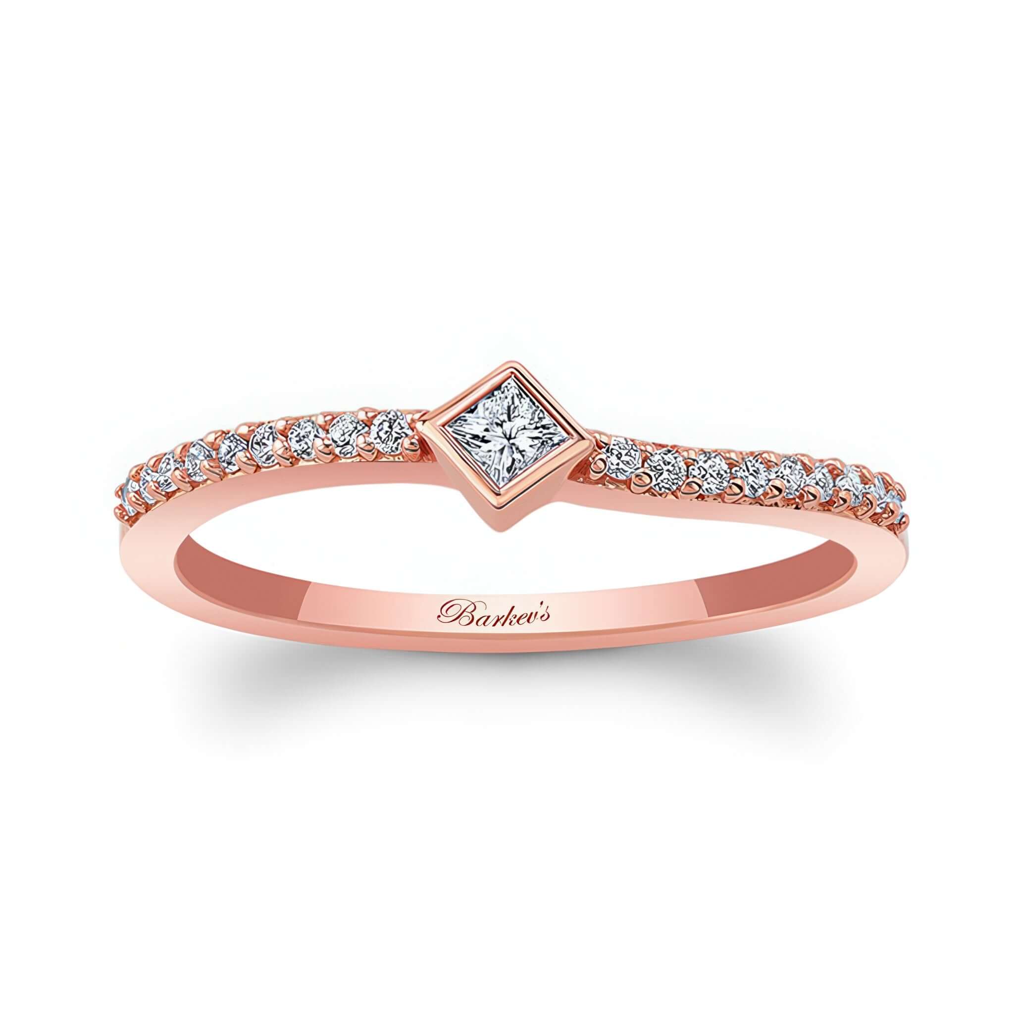 Abi curved princess cut diamond promise ring with bezel set center and shared prong set diamonds in rose gold.