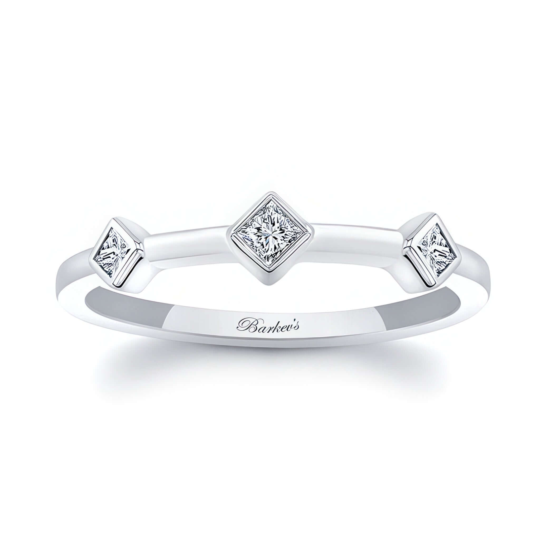 Mila three stone princess cut promise ring featuring bezel set diamonds in a classic design.