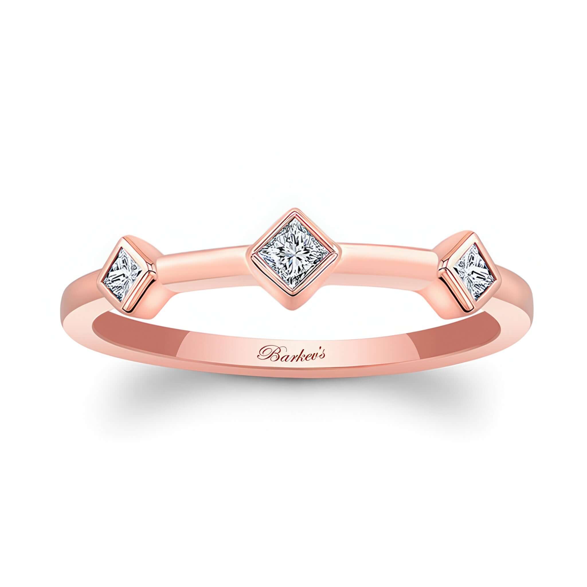 Mila Three Stone Princess Cut Promise Ring featuring a rose gold band and three bezel set diamonds for a unique elegance.