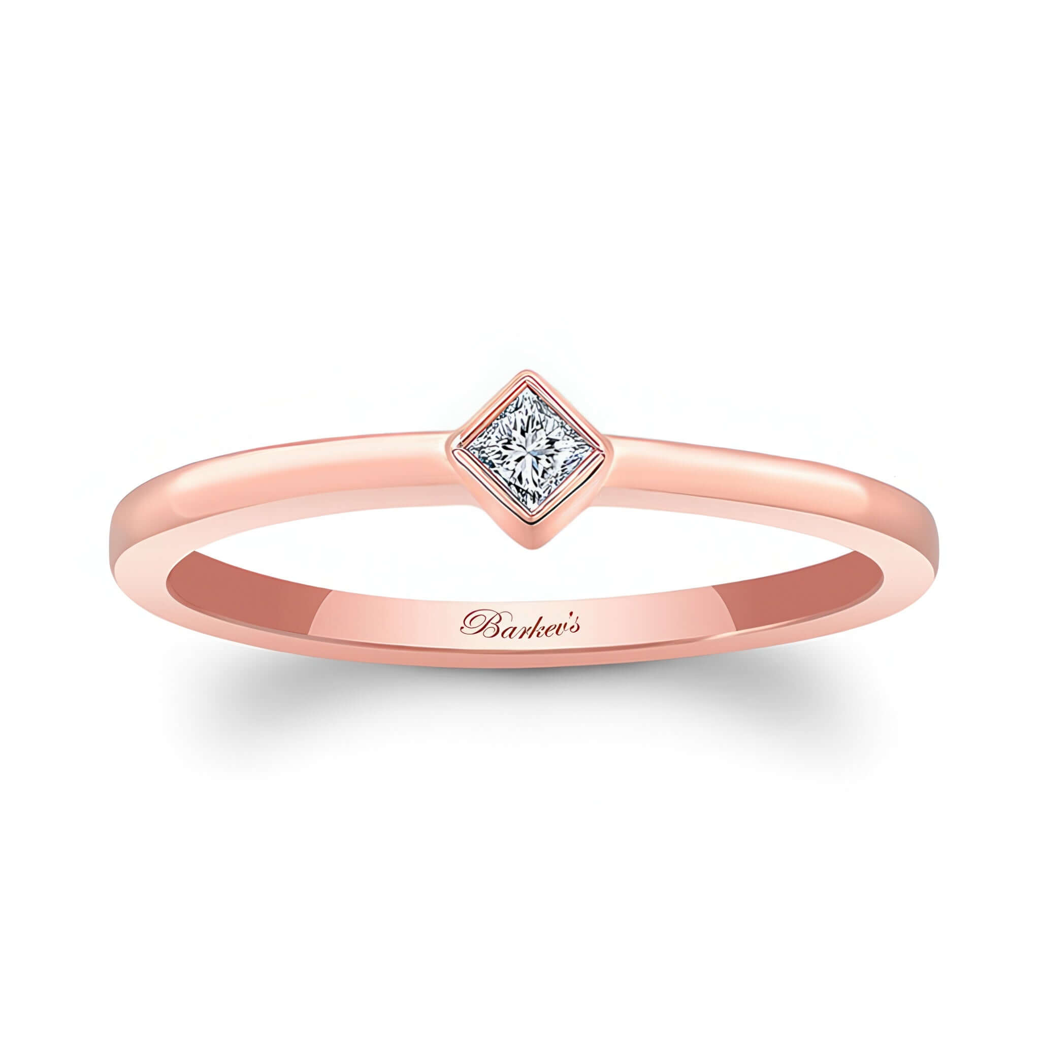 Aria princess cut diamond promise ring in rose gold with bezel set diamond center, perfect for timeless elegance.