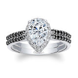 Pear Shaped Moissanite Black Diamond Accent Halo Ring Set