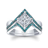 Unique Princess Cut Blue Diamond Accent Moissanite Ring Set