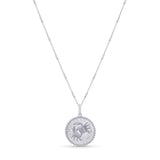 Zodiac Necklace showcasing a textured medallion design with a zodiac symbol, suspended from a sleek bar chain.