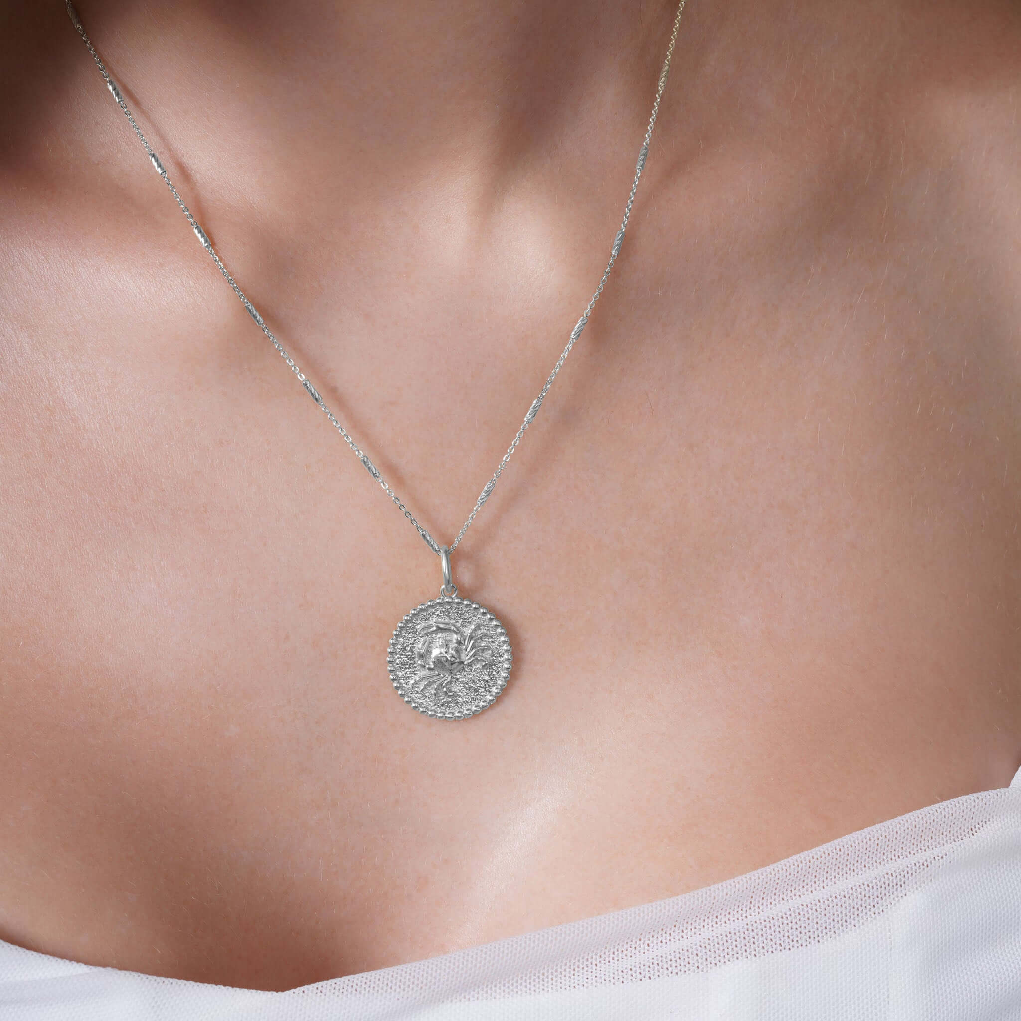 Zodiac Necklace worn by a model, showcasing the zodiac symbol medallion on a sleek bar chain.
