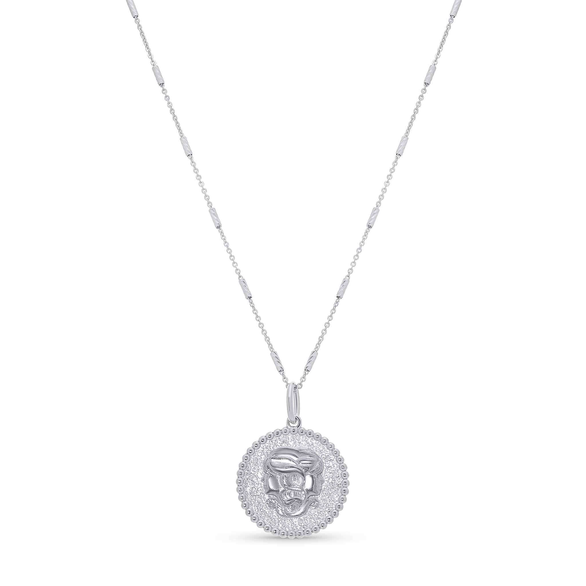 Zodiac Necklace featuring a medallion with a zodiac symbol, suspended from a sleek bar chain, 16-18 inch adjustable length.