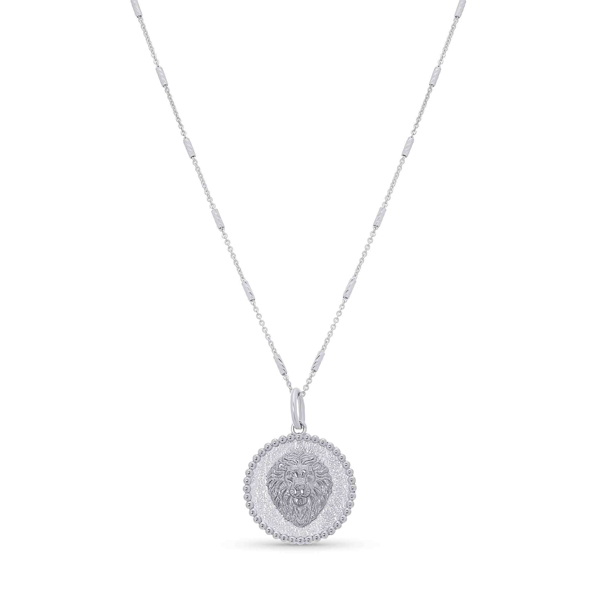 Zodiac Necklace featuring a lion symbol in a textured medallion design on a sleek bar chain.