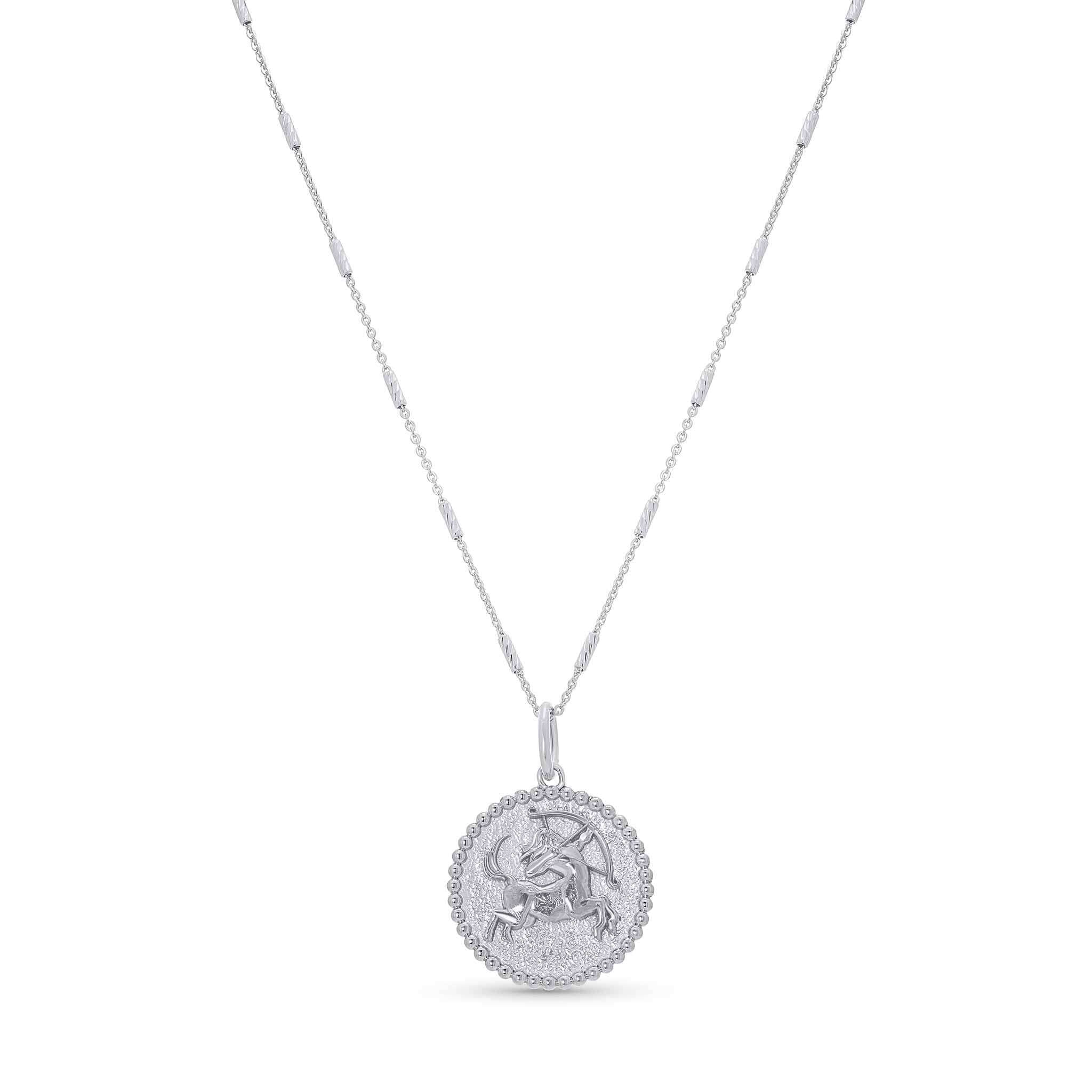 Zodiac Necklace featuring a textured medallion design with a zodiac symbol and sleek bar chain.
