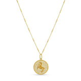 Zodiac Necklace featuring a gold medallion with zodiac symbol, set on a sleek chain, adjustable length.