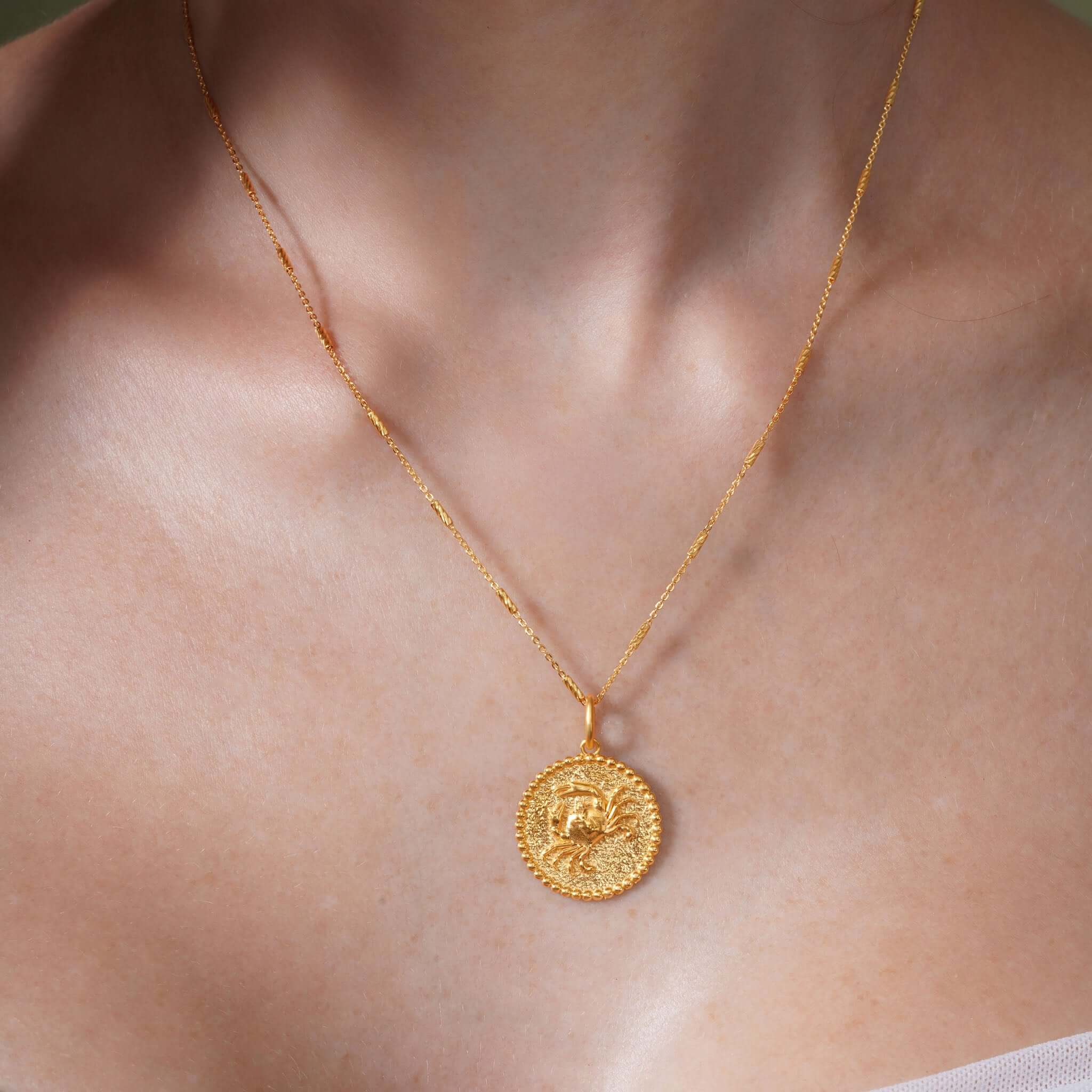 Zodiac Necklace featuring a gold medallion with textured zodiac symbol, worn elegantly on a sleek chain.