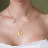Zodiac Necklace showcasing a gold medallion with star sign symbol, suspended on a sleek chain, perfect for layering.