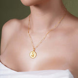 Zodiac Necklace displayed on a model, featuring a gold medallion with a zodiac symbol and delicate chain.