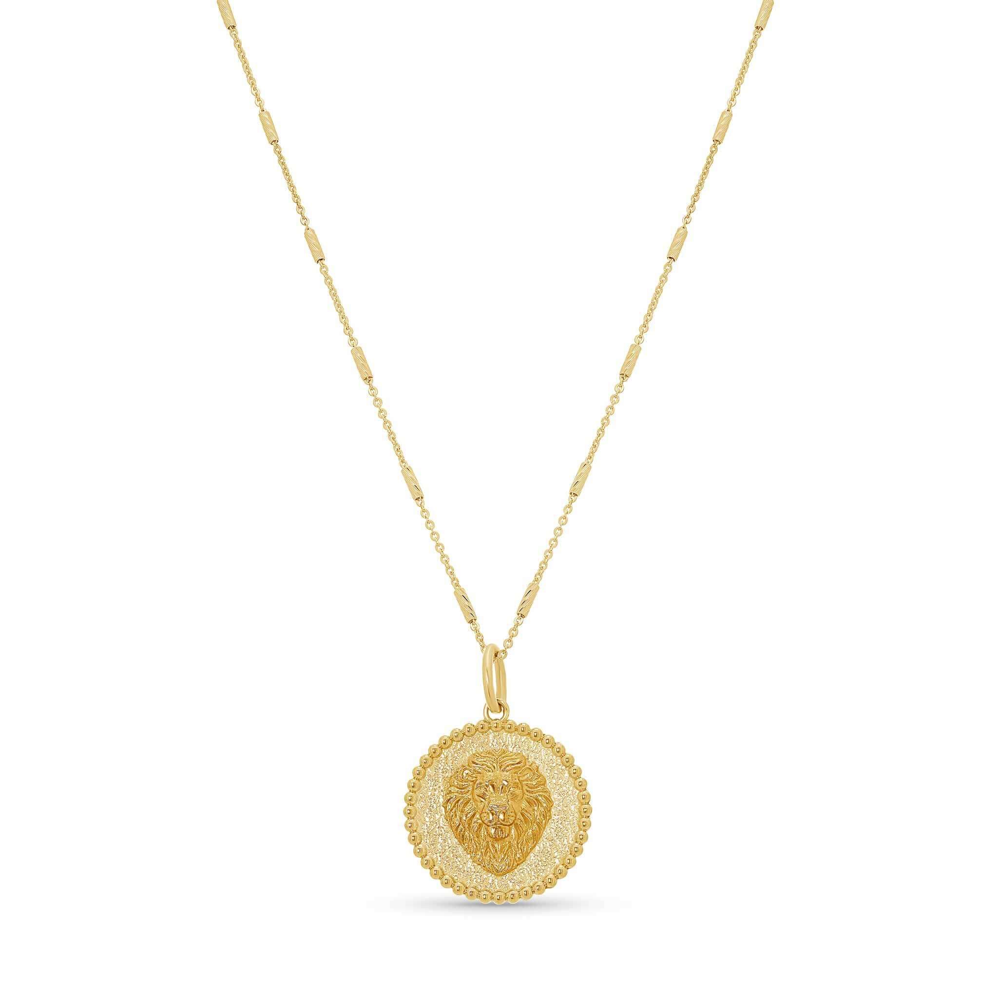 Zodiac Necklace featuring a gold medallion with a lion symbol, framed in delicate round borders on a sleek chain.