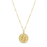 Zodiac Necklace featuring a gold medallion with zodiac symbol on a sleek bar chain, adjustable length 16-18 inches.