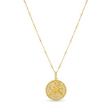 Elegant Zodiac Necklace with medallion showcasing zodiac symbol on textured background, suspended from sleek bar chain.