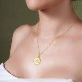 Zodiac Necklace featuring a textured medallion showcasing a zodiac symbol, worn elegantly on a sleek chain.