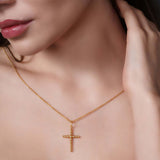 Vermeil Beaded Cross Necklace worn by model, showcasing polished bead-shaped links and adjustable chain.