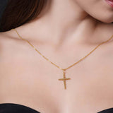 Vermeil Beaded Cross Necklace worn on model, showcasing polished bead-shaped links and adjustable chain.