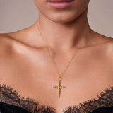 Vermeil Beaded Cross Necklace displayed on a model, featuring polished bead-shaped links and adjustable chain.