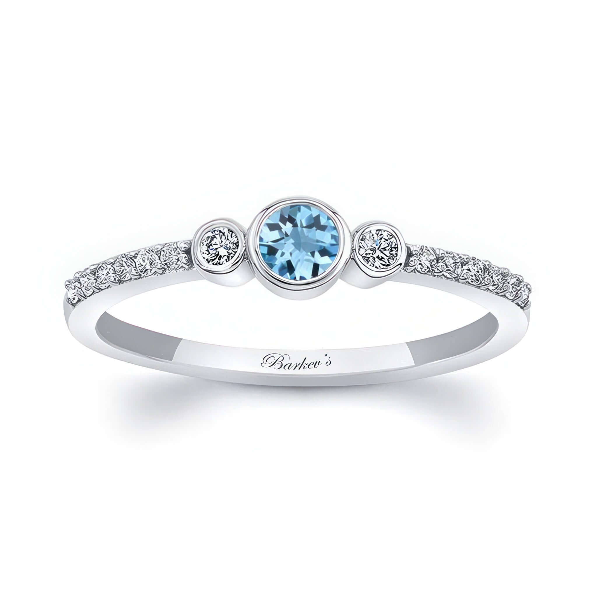 Mia Aquamarine three stone diamond promise ring featuring a central aquamarine and diamond accents.