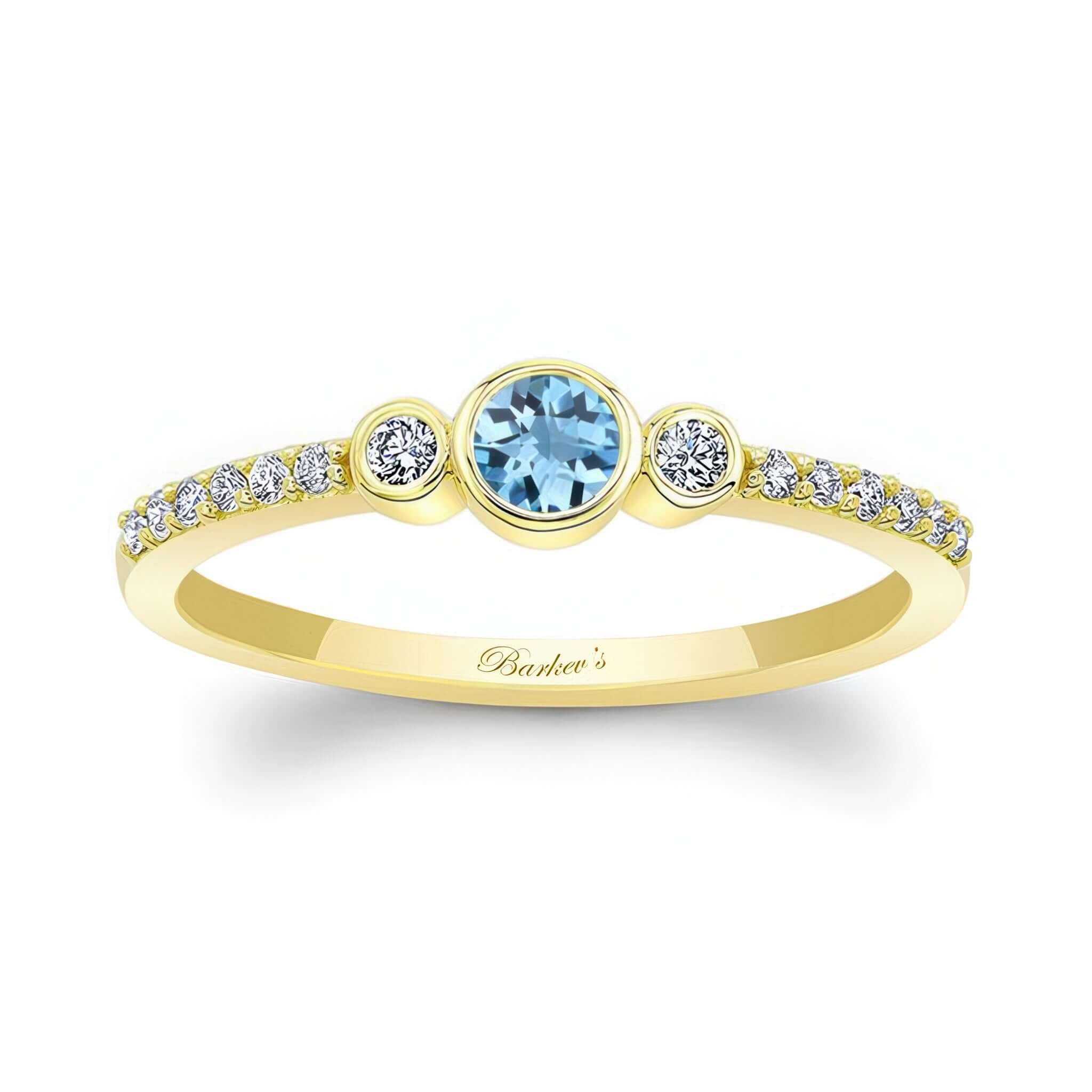 Mia Aquamarine three stone diamond promise ring with gold band and diamond accents.