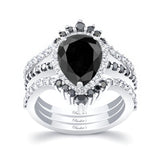 Pear Shaped Black Diamond Wedding Set With 2 Bands