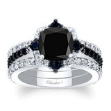 Halo Cushion Cut Black Diamond wedding Ring Set With 2 Bands